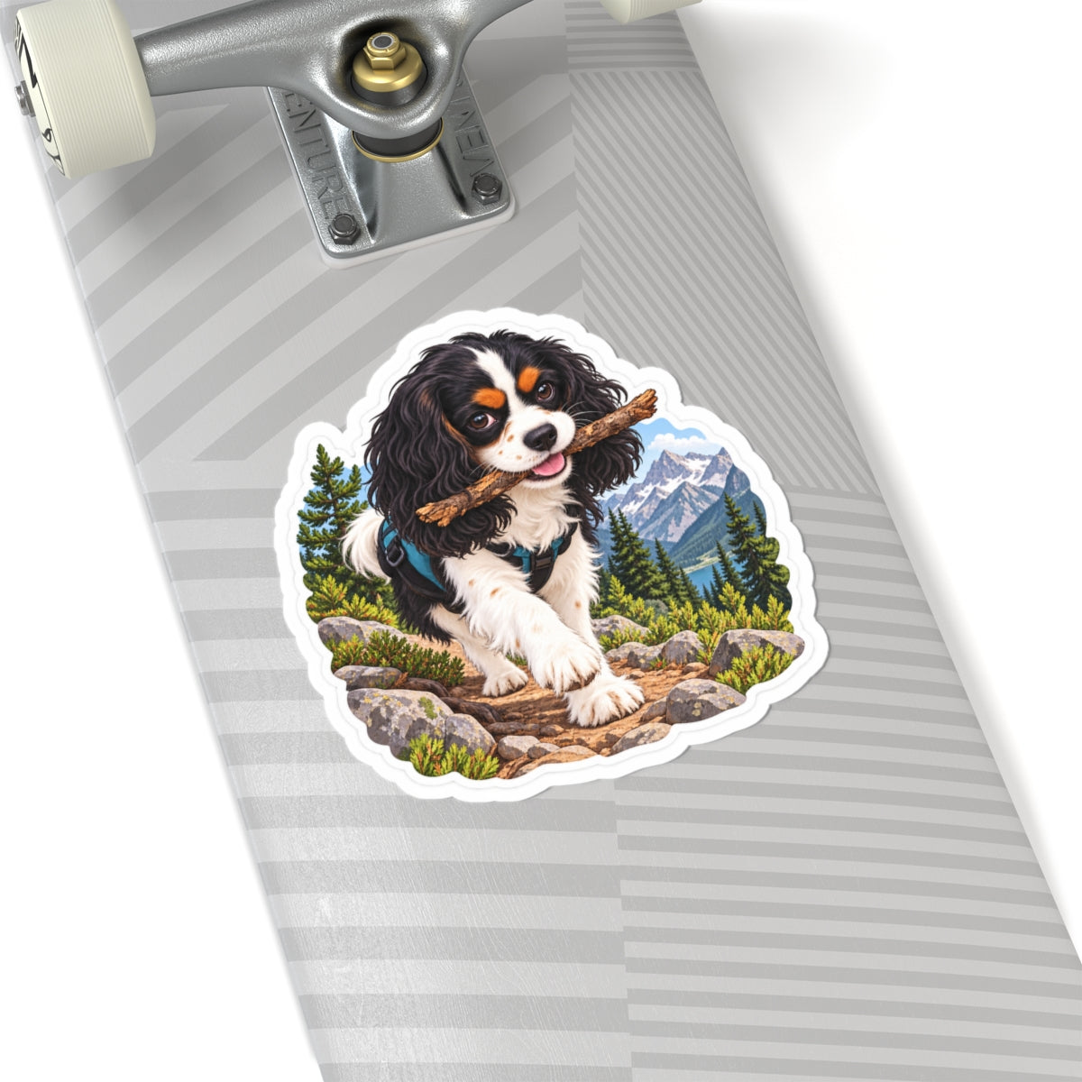 Trail Stick Cavalier sticker displayed on the underside of a skateboard.