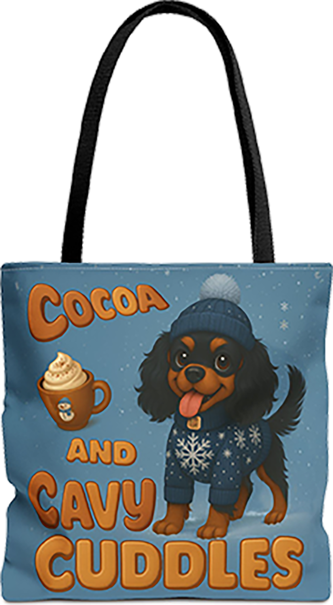 Cocoa and Cavy Cuddles tote bag with black handles, Black and Tan Cavalier King Charles Spaniel puppy in a beanie and sweater with a mug of cocoa