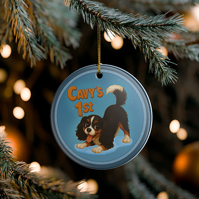'Cavy's 1st' Ceramic Ornament — Cute Tricolor Cavalier First Holiday Keepsake
