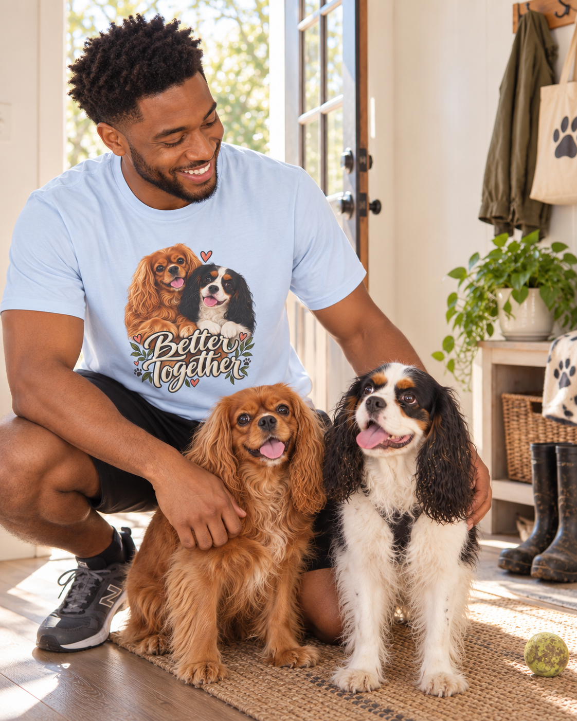 Model holding a tennis ball beside two Cavaliers in the light blue Better Together T-shirt.