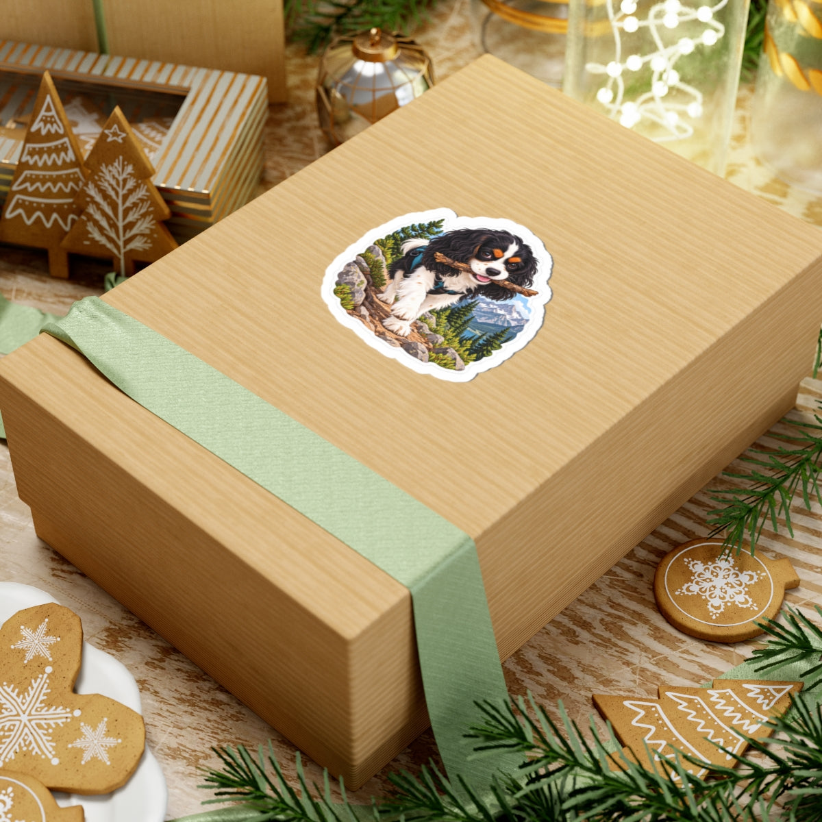 Trail Stick Cavalier sticker displayed on a gift box.