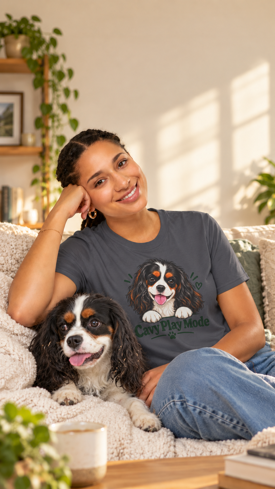 Cavy Play Mode charcoal T-shirt with tricolor Cavalier King Charles Spaniel design, worn on body