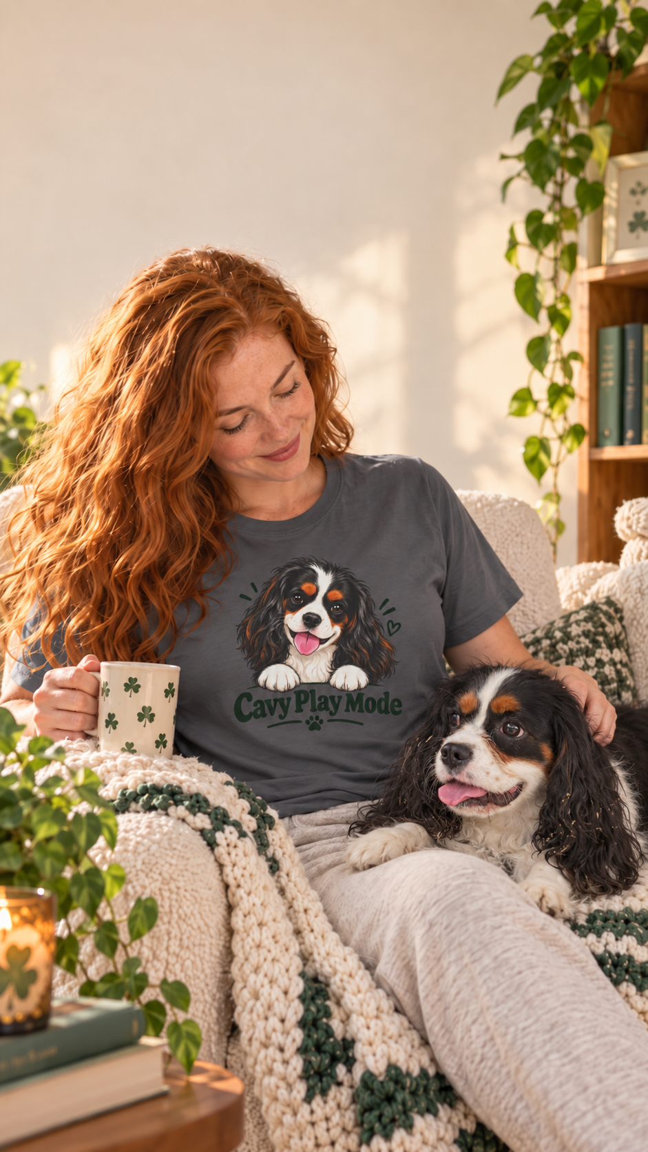 Cavy Play Mode charcoal T-shirt with tricolor Cavalier King Charles Spaniel design, worn on body