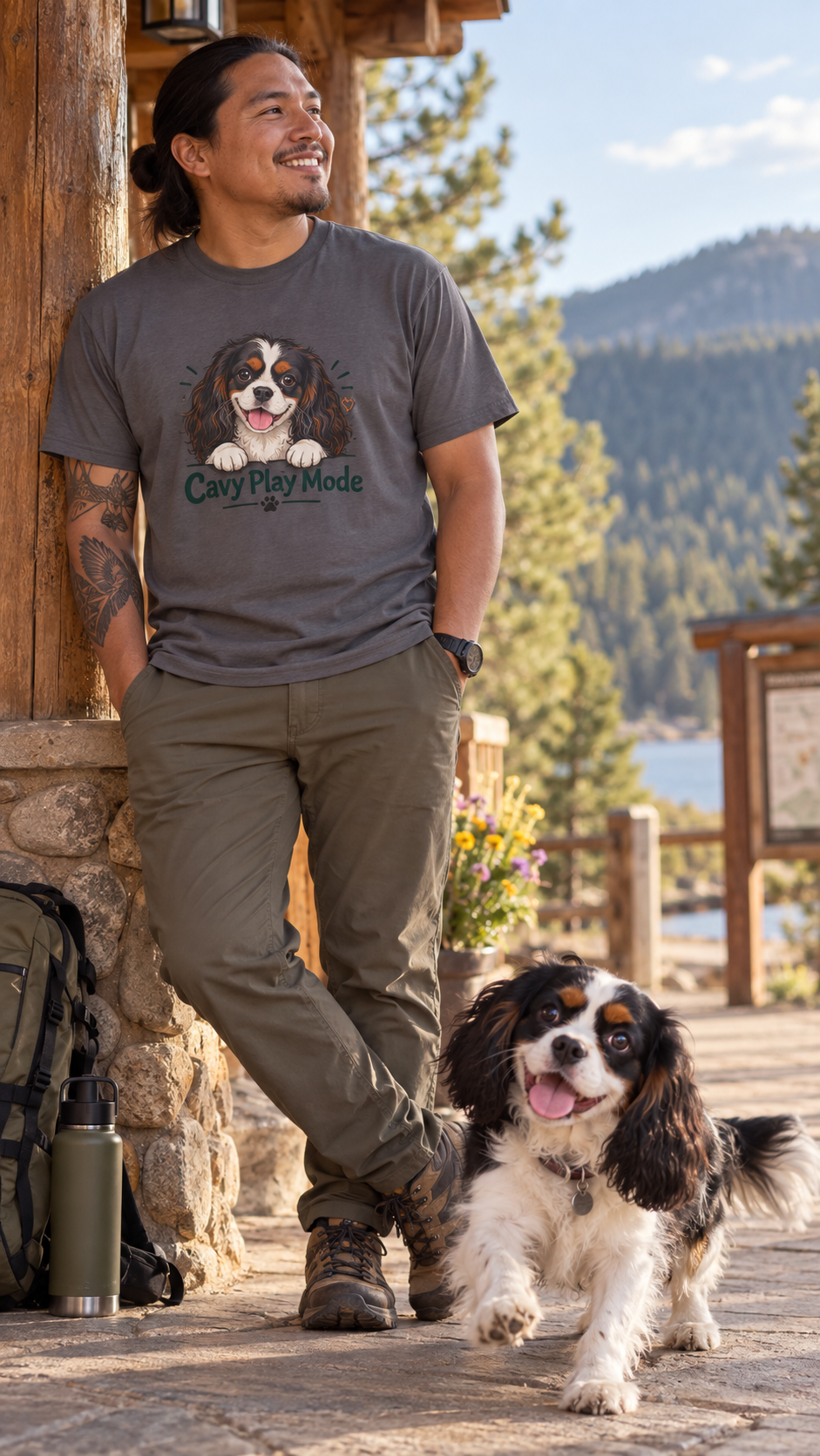 Cavy Play Mode charcoal T-shirt with tricolor Cavalier King Charles Spaniel design, worn on body