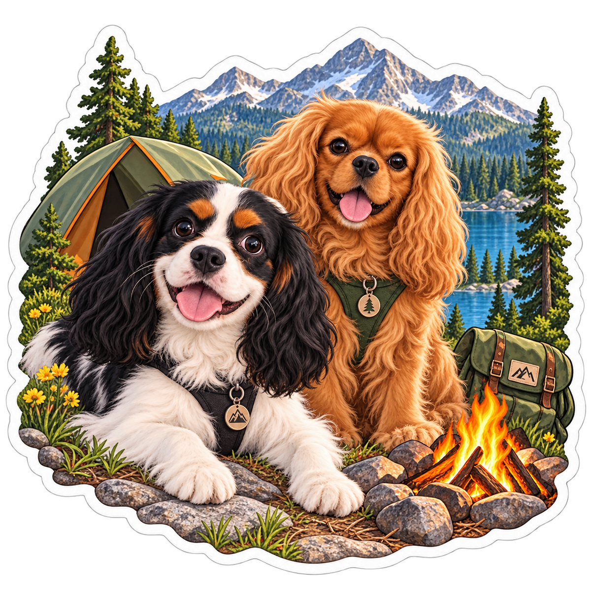 Ruby and tricolor Cavaliers beside a campfire and mountain lake, original transparent artwork.