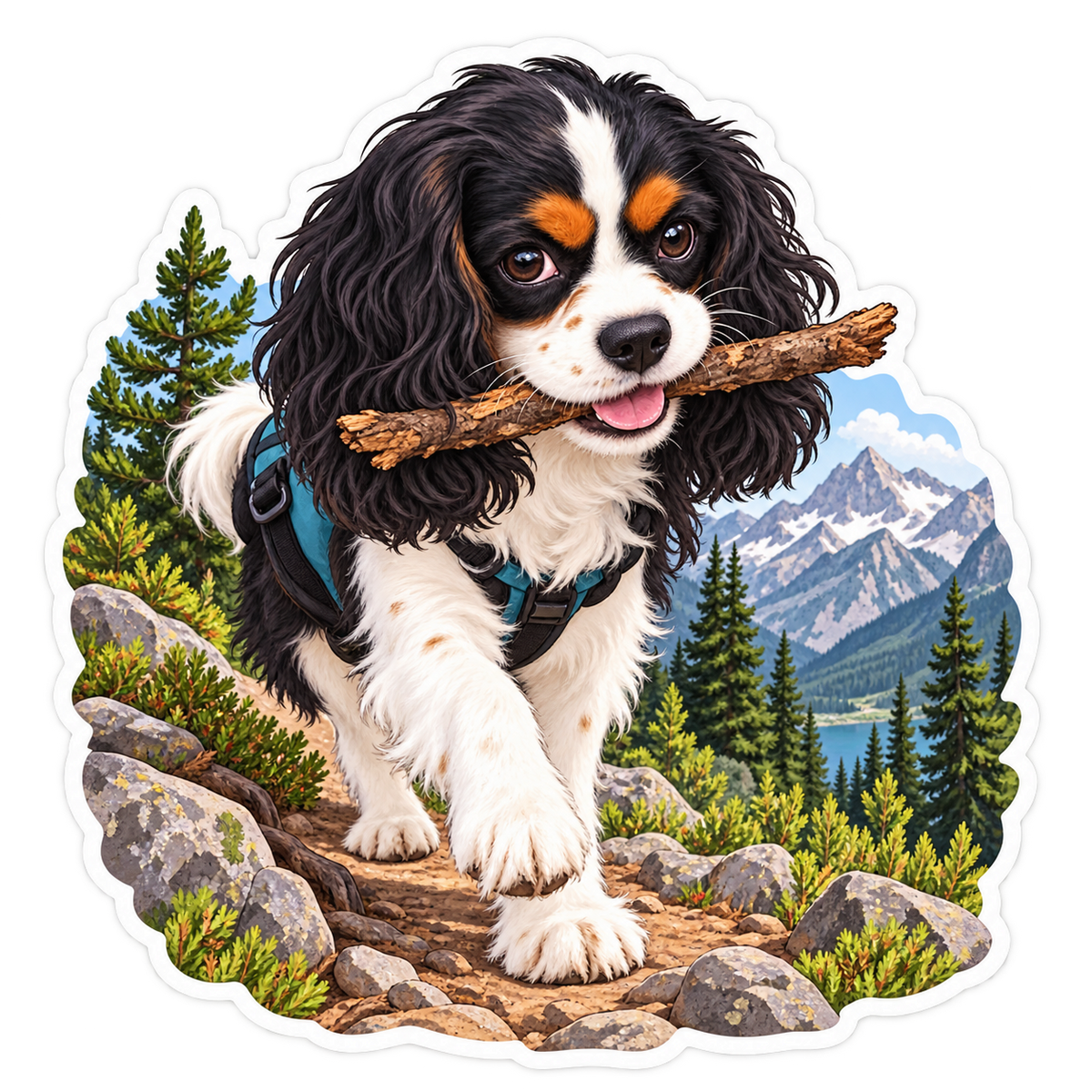 Tricolor Cavalier carrying a stick on a mountain trail, original transparent artwork.