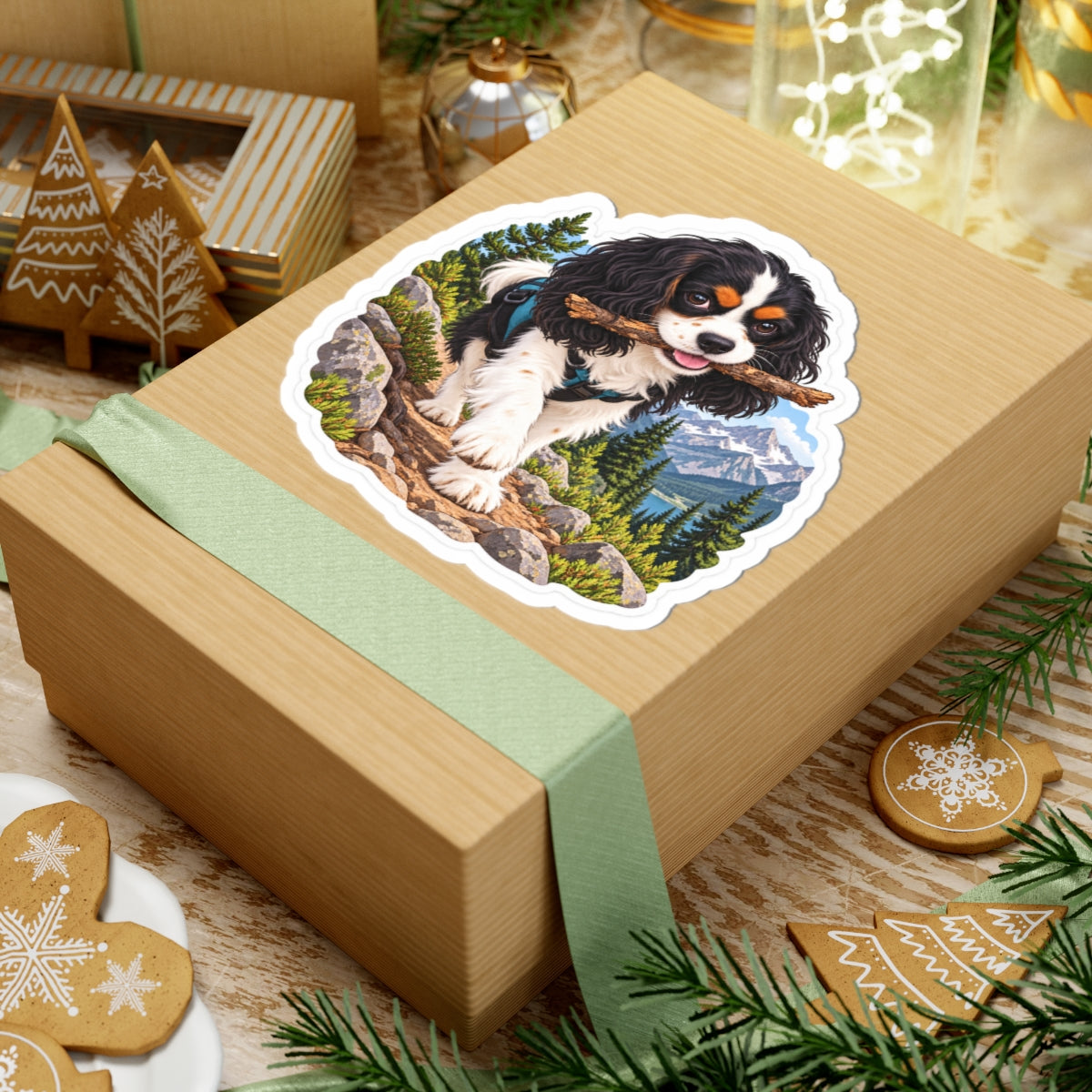 Trail Stick Cavalier sticker displayed on a gift box.