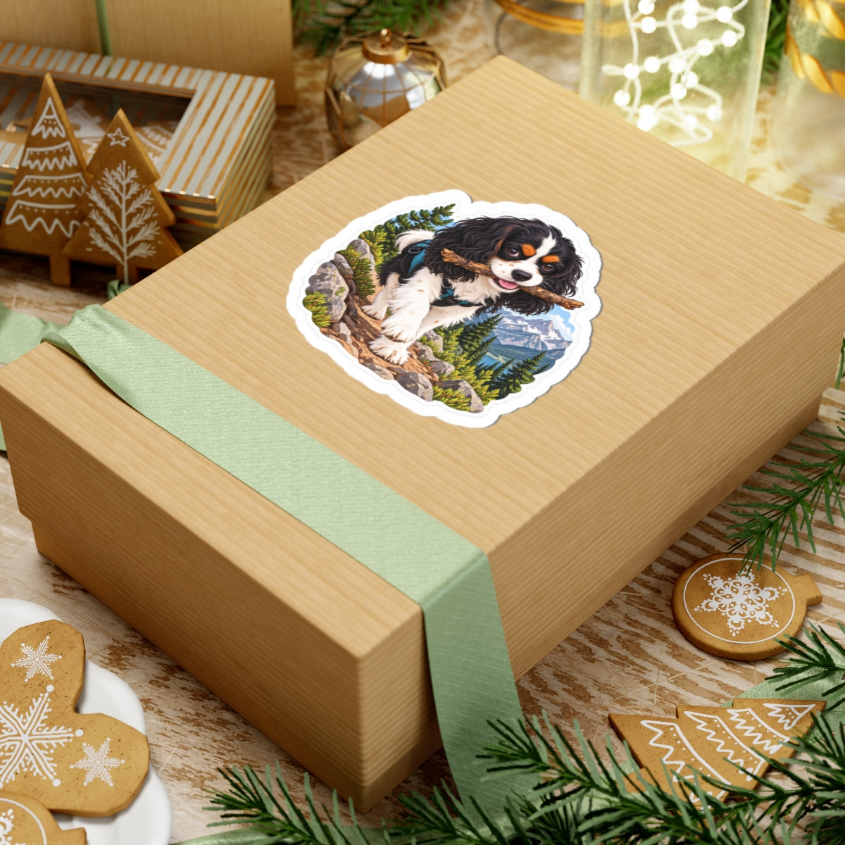 Trail Stick Cavalier sticker displayed on a gift box.