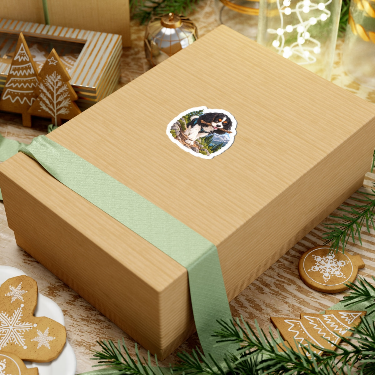 Trail Stick Cavalier sticker displayed on a gift box.