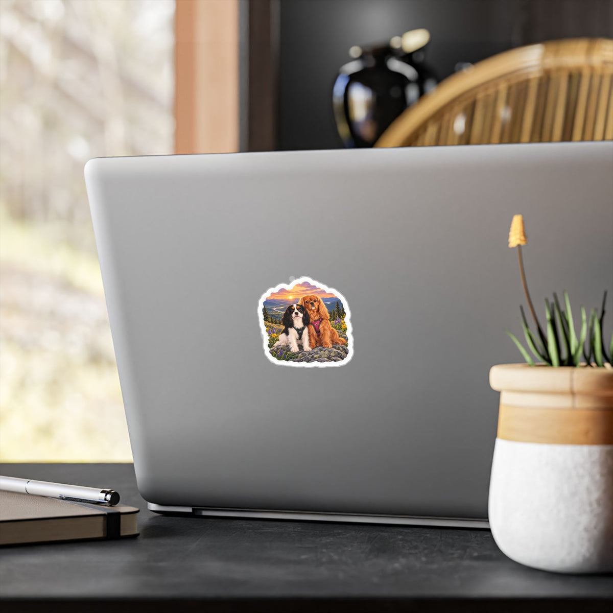 Cavalier King Charles Dogs Vinyl Sticker — Scenic Sunset Kiss-Cut Decal