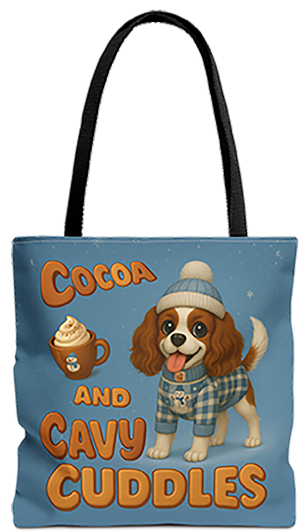 Cocoa and Cavy Cuddles tote bag with black handles, Blenheim Cavalier King Charles Spaniel puppy in a beanie and sweater with a mug of cocoa