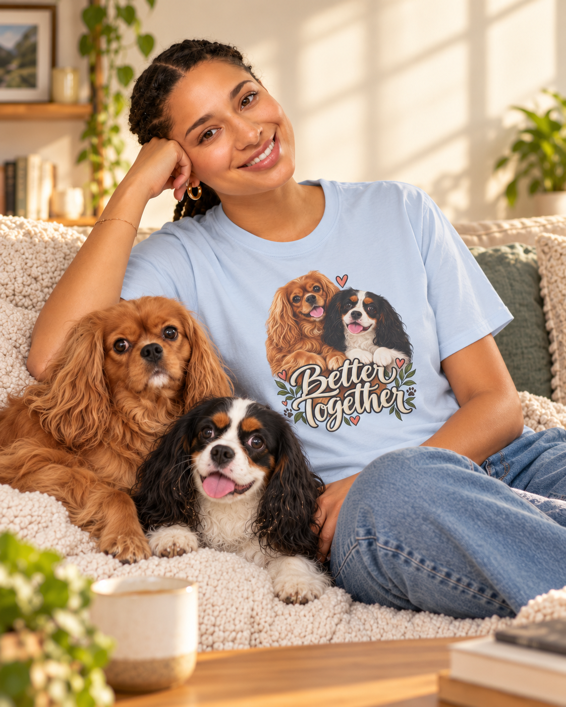 Model seated on a sofa in the light blue Better Together Cavalier T-shirt with two dogs.
