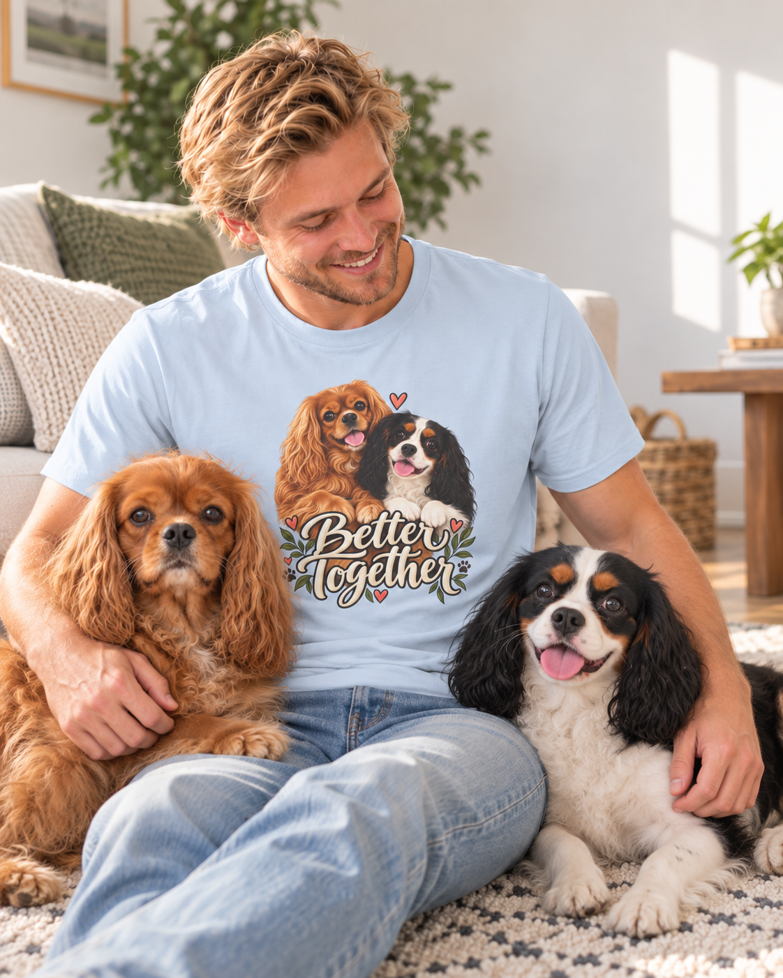Model seated beside two Cavaliers wearing the light blue Better Together T-shirt.