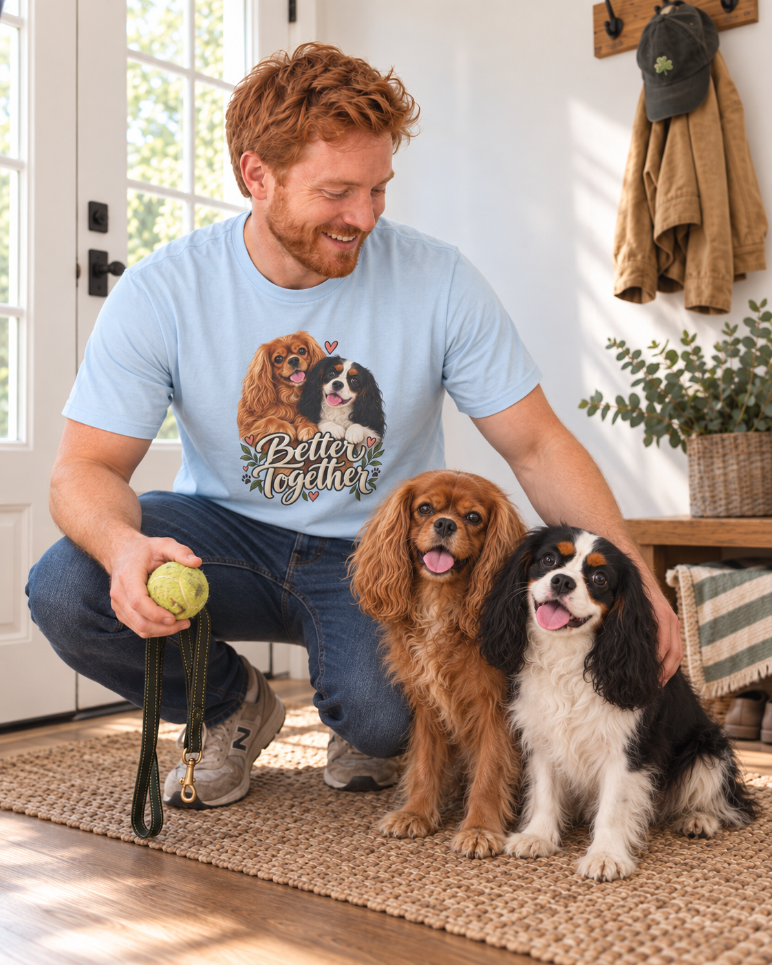 Model seated with two Cavaliers wearing the light blue Better Together graphic tee.