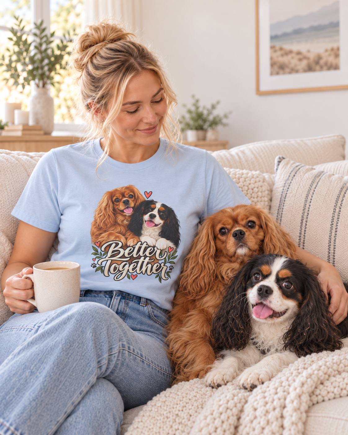 Model relaxing on a sofa with two Cavaliers in the light blue Better Together T-shirt.