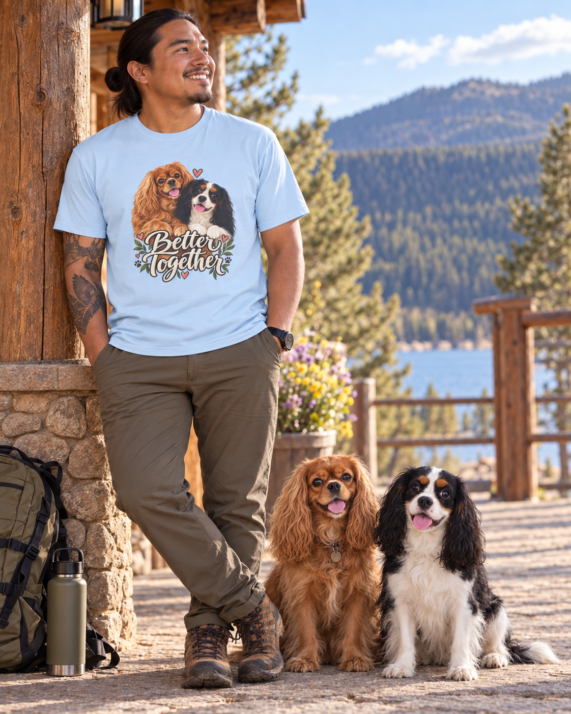 Model wearing the Better Together Cavalier T-shirt on a mountain-view terrace with two dogs.