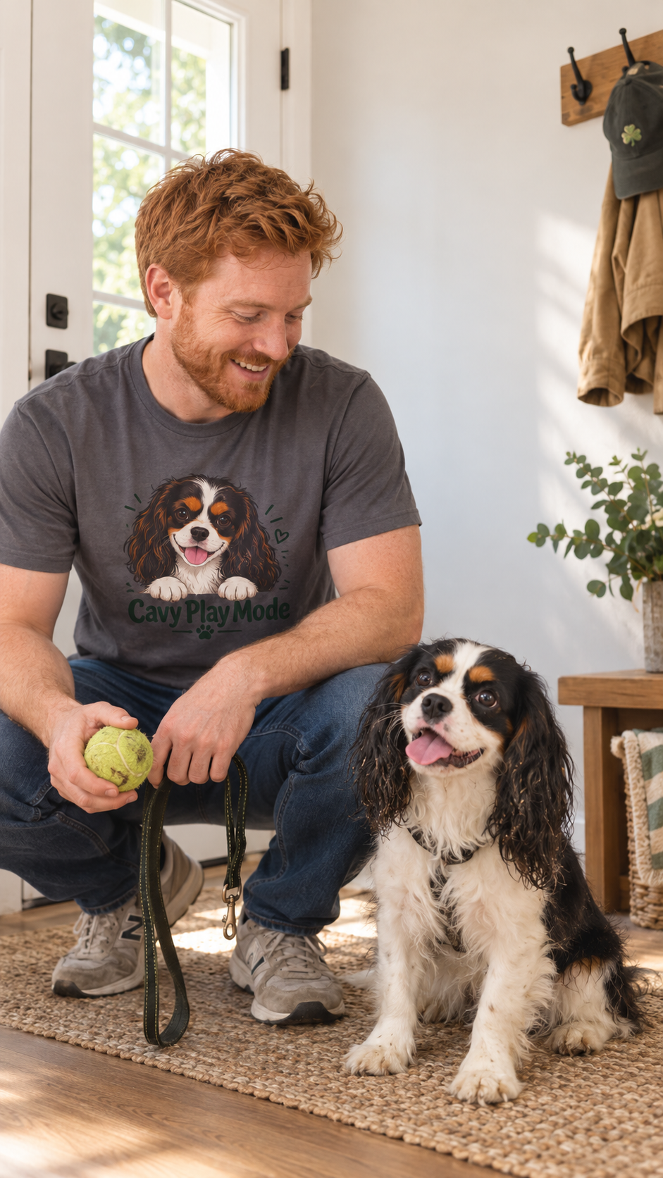 Cavy Play Mode charcoal T-shirt with tricolor Cavalier King Charles Spaniel design, worn on body