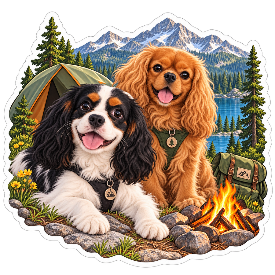 Ruby and tricolor Cavaliers beside a campfire and mountain lake, original transparent artwork.